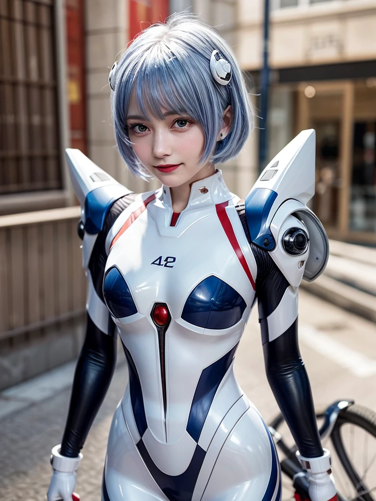 Masterpiece, highest quality, 8K, detailed skin texture, fine cloth texture, beautiful detailed face, intricate details, super detailed, portrait of Rei Ayanami, blue hair, red eyes, looking far away, no background, Evangelion Wearing a plug suit when riding, plug suit, whole body visible, standing, arms crossed, 15 years old, beautiful, cute, great style, smiling,composition that shows the whole body,