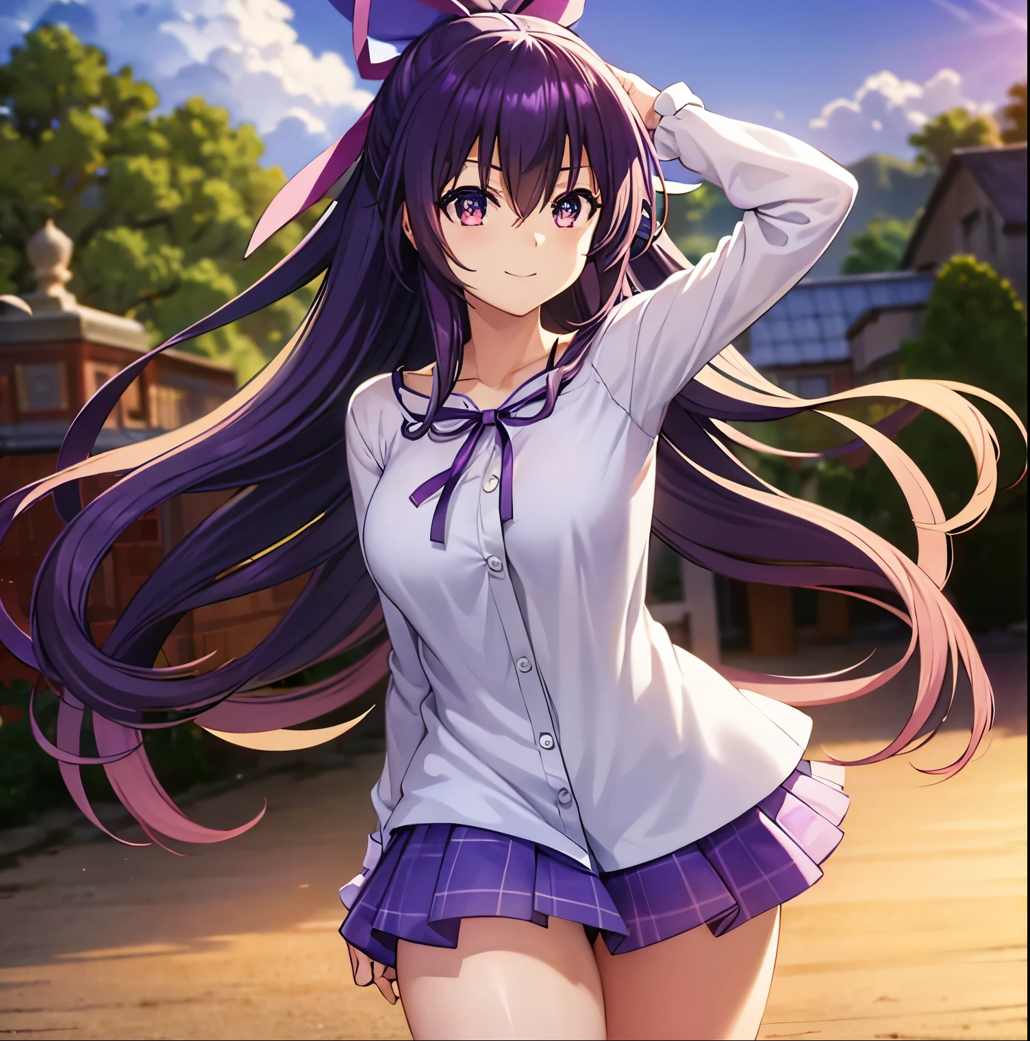 1girl, alone, tohka yatogami casual, long hair, purple hair, alluringly smile, slim crop tops, black top, mid rifts, long sleeves , U neck, ribbon , (purple eyes:1.1), hair ribbon, ponytail, purple hair, white ribbon,g cup breasts, plump butt, short skirts, hand on back , outdoors, city, people, crowd, sky, clouds, sun, blue sky, looking at viewer, (cowboy shot:1.5), (masterpiece:1.2), best quality, high resolution, unity 8k wallpaper, (illustration:0.8), (beautiful detailed eyes:1.6), extremely detailed face, perfect lighting, extremely detailed CG, (perfect hands, perfect anatomy),