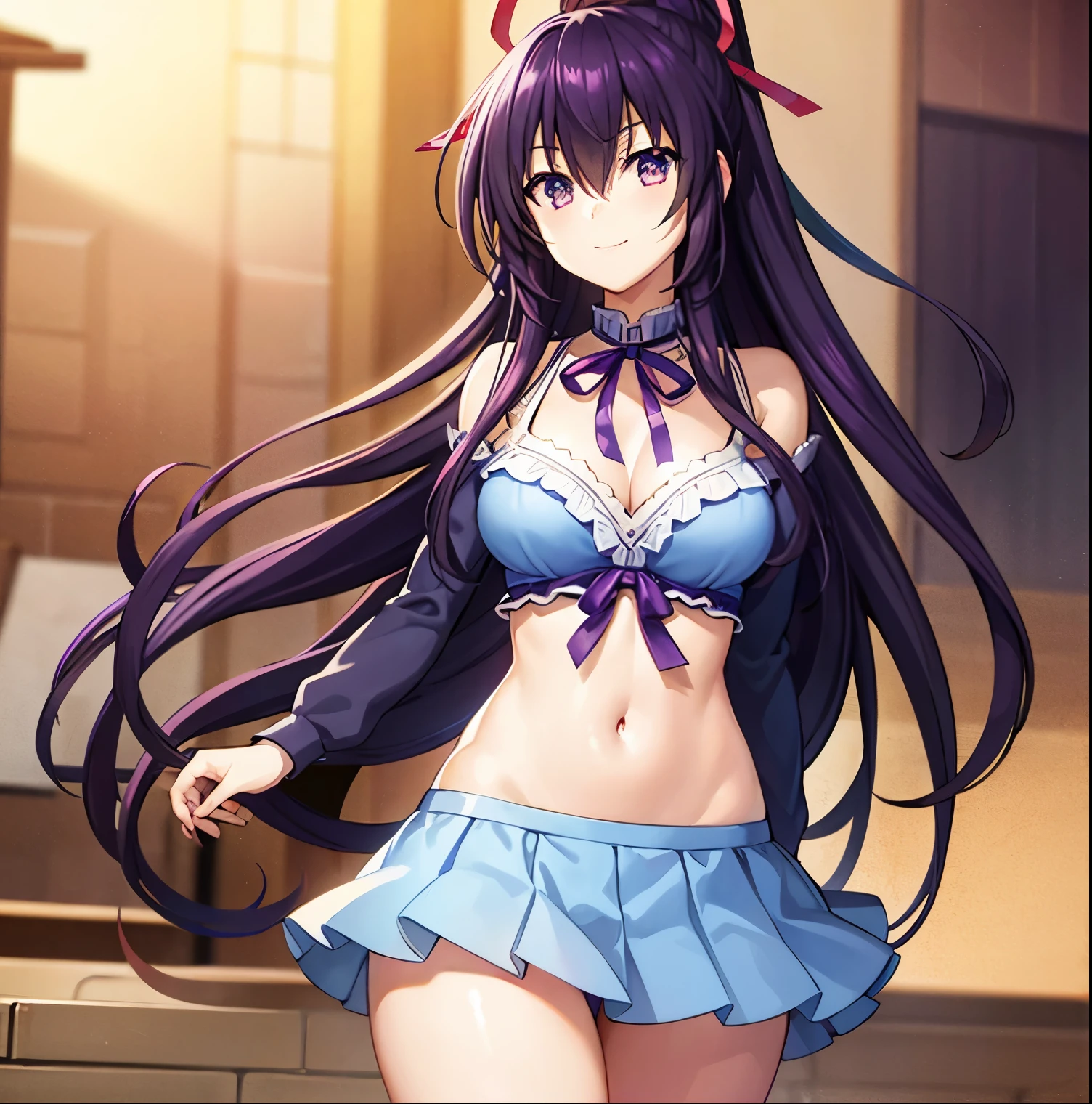 1girl, alone, tohka yatogami casual, long hair, purple hair, alluringly smile, slim crop tops, black top, mid rifts, long sleeves , U neck, ribbon , (purple eyes:1.1), hair ribbon, ponytail, purple hair, white ribbon,g cup breasts, plump butt, short skirts, hand on back , outdoors, city, people, crowd, sky, clouds, sun, blue sky, looking at viewer, (cowboy shot:1.5), (masterpiece:1.2), best quality, high resolution, unity 8k wallpaper, (illustration:0.8), (beautiful detailed eyes:1.6), extremely detailed face, perfect lighting, extremely detailed CG, (perfect hands, perfect anatomy),