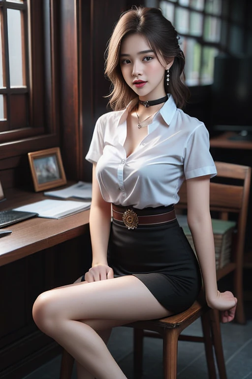 (Masterpiece, best quality, alone, รายละเอียดที่complicated, Chromatic aberration), realistic, ((Moderate breath)), hair on one eye,purple eyes, earring, sharp eyes, choker, (symmetrical eyes),(Perfect symmetrical body),Photo of a beautiful 24 year old girl, Beautiful and charming with contemporary fashion paintings as well..., looking at the audience, ((in the classroom background)), (1 Teen Girl),(black short skirt), (Fitted white short sleeve shirt, Unbuttoning the buttons, revealing a little of the chest..), ((Short black pencil skirt with deep slit at the side.)), sugar belt, ((Put your hands down.)),copper blonde hair, bob, round chin, Art lens 85mm, Sharp focus, High resolution 8K, Crazy details, complicated, elegant,sitting on the study table Lift one leg to eye level, legs slightly apart.,big breasts,Big breasts, dynamic gesture, big breasts