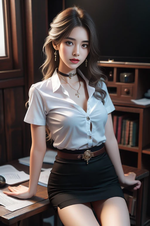 (Masterpiece, best quality, alone, รายละเอียดที่complicated, Chromatic aberration), realistic, ((Moderate breath)), hair on one eye,purple eyes, earring, sharp eyes, choker, (symmetrical eyes),(Perfect symmetrical body),Photo of a beautiful 24 year old girl, Beautiful and charming with contemporary fashion paintings as well..., looking at the audience, ((in the classroom background)), (1 Girl),(black short skirt), (Fitted white short sleeve shirt, Unbuttoning the buttons, revealing a little of the chest..), ((Short black pencil skirt with deep slit at the side.)), sugar belt, ((Put your hands down.)),copper blonde hair, bob, round chin, Art lens 85mm, Sharp focus, High resolution 8K, Crazy details, complicated, elegant,sitting on the study table Lift one leg to eye level, legs slightly apart.,big breasts,Big breasts, dynamic gesture, big breasts
