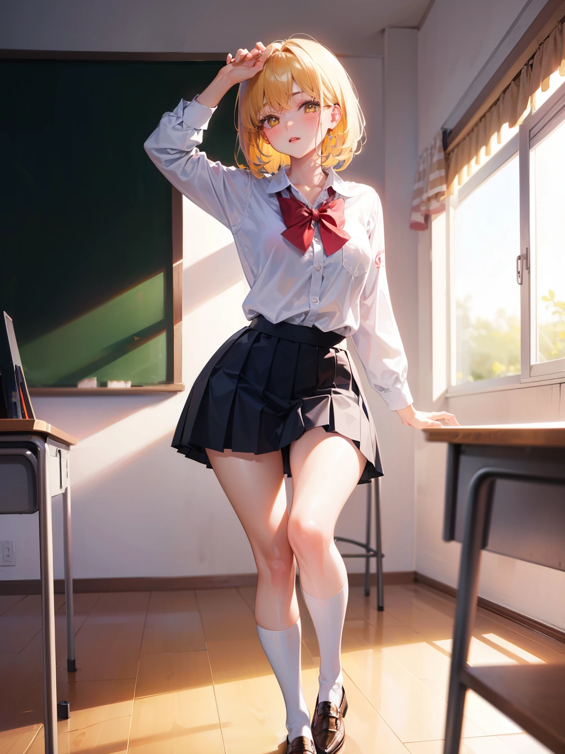 Dynamic posing, dynamic angle, Arrange pose,Top quality work,Show Legs,(short golden hair),(golden eyes), lovely red lips, Rose cheeks, Pretty Face, A perfectly proportioned face, school shirt with red bow and black skirt, (school uniform), white stockings,in classroom,full-body view, amazing, Large round chest、Beautiful eye details、Beautiful eyelashes、beautiful double eyelid, with blush cheeks, talking to viewer