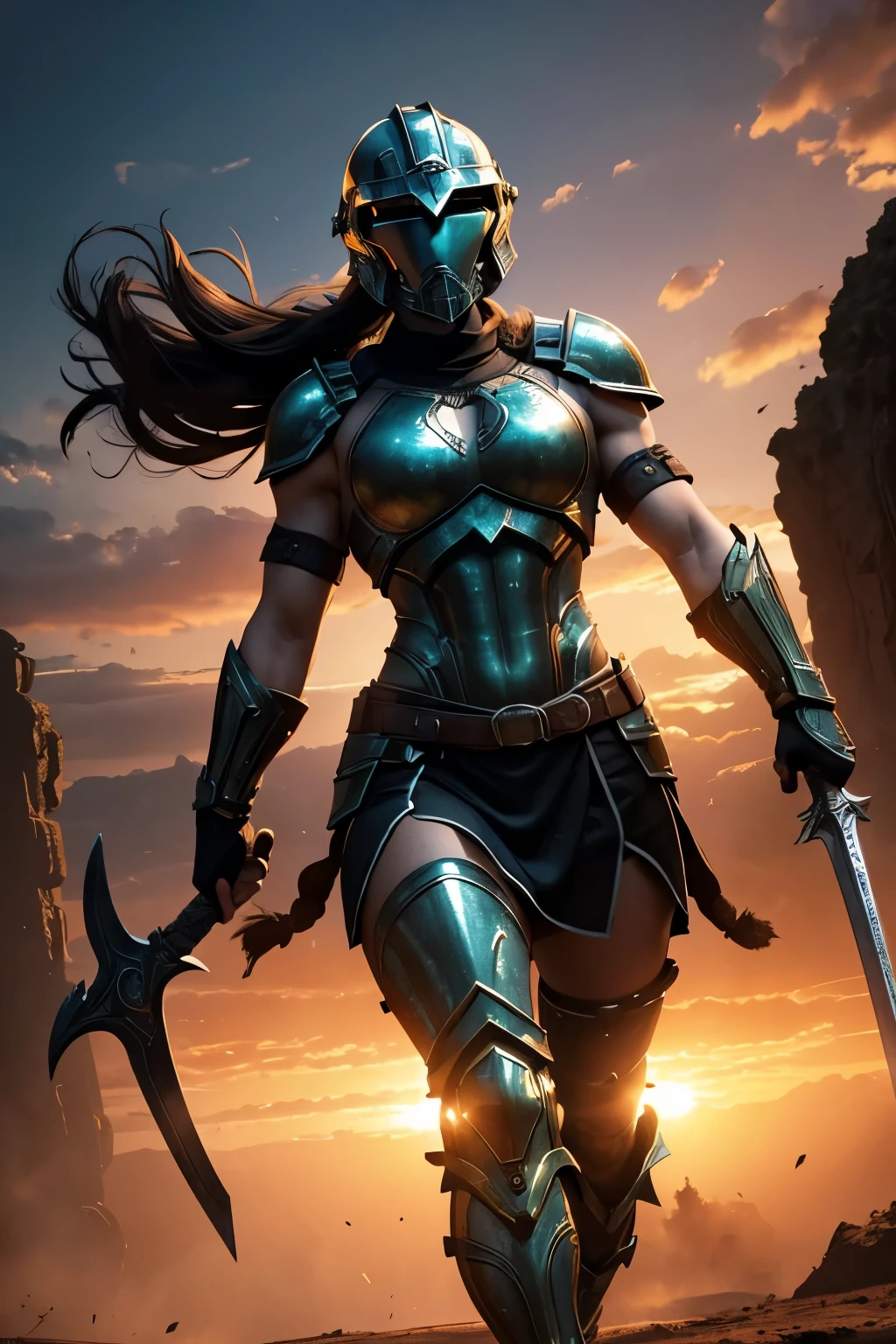 (a girl with spartan helmet),big,strong,masculine,sword,armor,battle,powerful,majestic,victorious,warrior,proud,confident,wild hair,fierce eyes,determined expression,dusty battlefield,glowing sunset,rippling muscles,athletic,brave,heroic,muscular,bulky,fit,medieval,detail-oriented art style,impressive detailing,high-contrast lighting,vibrant colors,epic scene