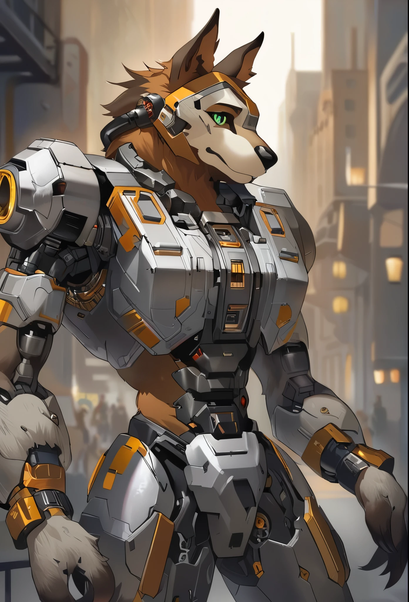 top quality, High-quality illustrations by Johannes Vermeer, masterpiece, Dark_Fantasy, Cyberpunk, steam punk(super handsome boy, single, kemono)Mechanical marvel, Robotic presence, Cybernetic guardian, wearing a worn-out mech suit, intricate(steel metal, rusty)(furry anthro:1.7)(Furry body, dog facial features, dog body features)elegant, clear focus, shot by greg rutkowski, soft lighting, vibrant colors, masterpiece((street))cowboy shot, dynamic pose,