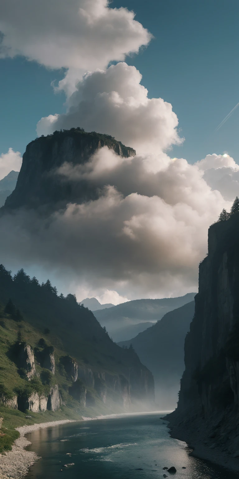 masterpiece, 最high quality, high quality, Very detailed CG unity 8k wallpaper, scenery, Outdoor, null, cloud, Day, No humans, Mountain, landscape, water, wood, blue null, waterfall, cliff, nature, lake, river, cloudy null,Award-winning photography, Bokeh, Depth of written boundary, High resolution, bloom, chromatic aberration ,Realistic,Very detailed, Trending on Artstation, Trending on CGSociety, Complex, Attention to detail, dramatic, art:Mid Journey