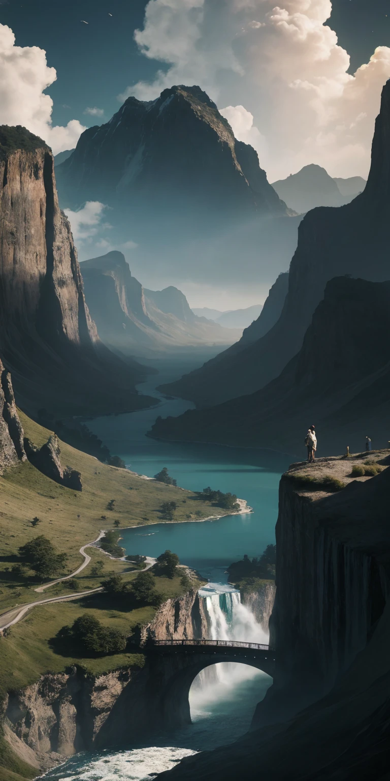masterpiece, 最high quality, high quality, Very detailed CG unity 8k wallpaper, scenery, Outdoor, null, cloud, Day, No humans, Mountain, landscape, water, wood, blue null, waterfall, cliff, nature, lake, river, cloudy null,Award-winning photography, Bokeh, Depth of written boundary, High resolution, bloom, chromatic aberration ,Realistic,Very detailed, Trending on Artstation, Trending on CGSociety, Complex, Attention to detail, dramatic, art：Mid Journey