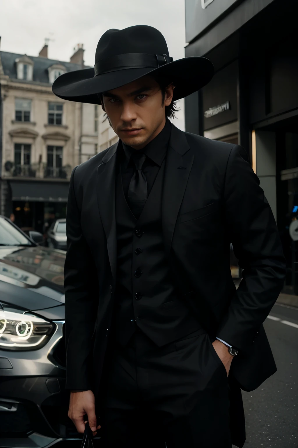 A man wearing a black suit and black hat front of selvier BMW car 
