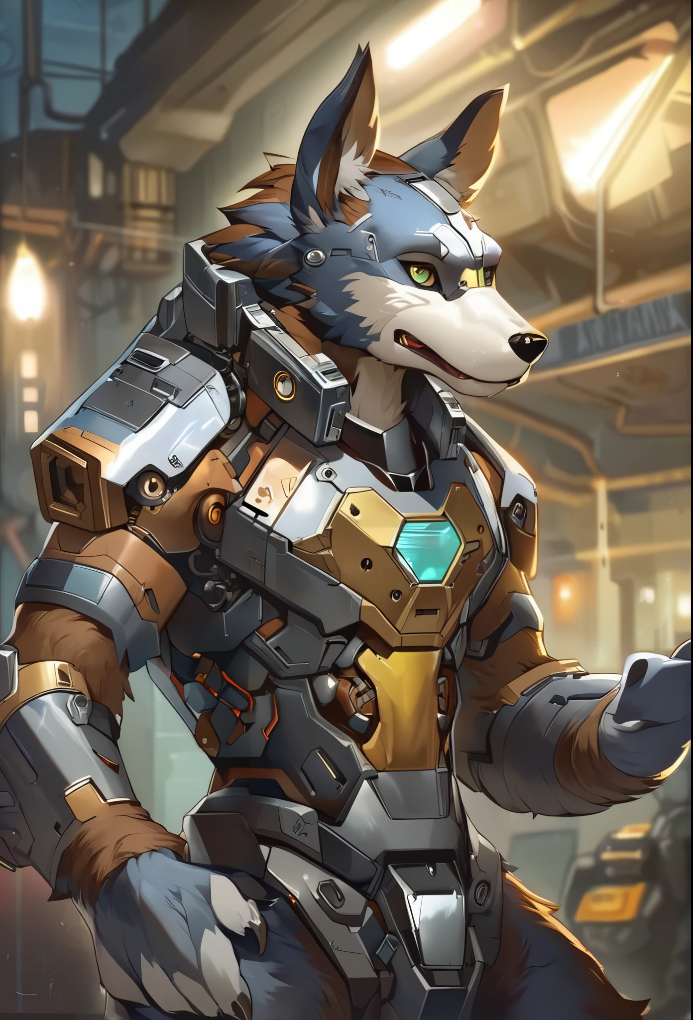 top quality, High-quality illustrations by Johannes Vermeer, masterpiece, Dark_Fantasy, Cyberpunk, steam punk(super handsome boy, single, kemono)Mechanical marvel, Robotic presence, Cybernetic guardian, wearing a worn-out mech suit, intricate(steel metal, rusty)(furry anthro:1.7)(Furry body, dog facial features, dog body features)elegant, clear focus, shot by greg rutkowski, soft lighting, vibrant colors, masterpiece((street))cowboy shot, dynamic pose,