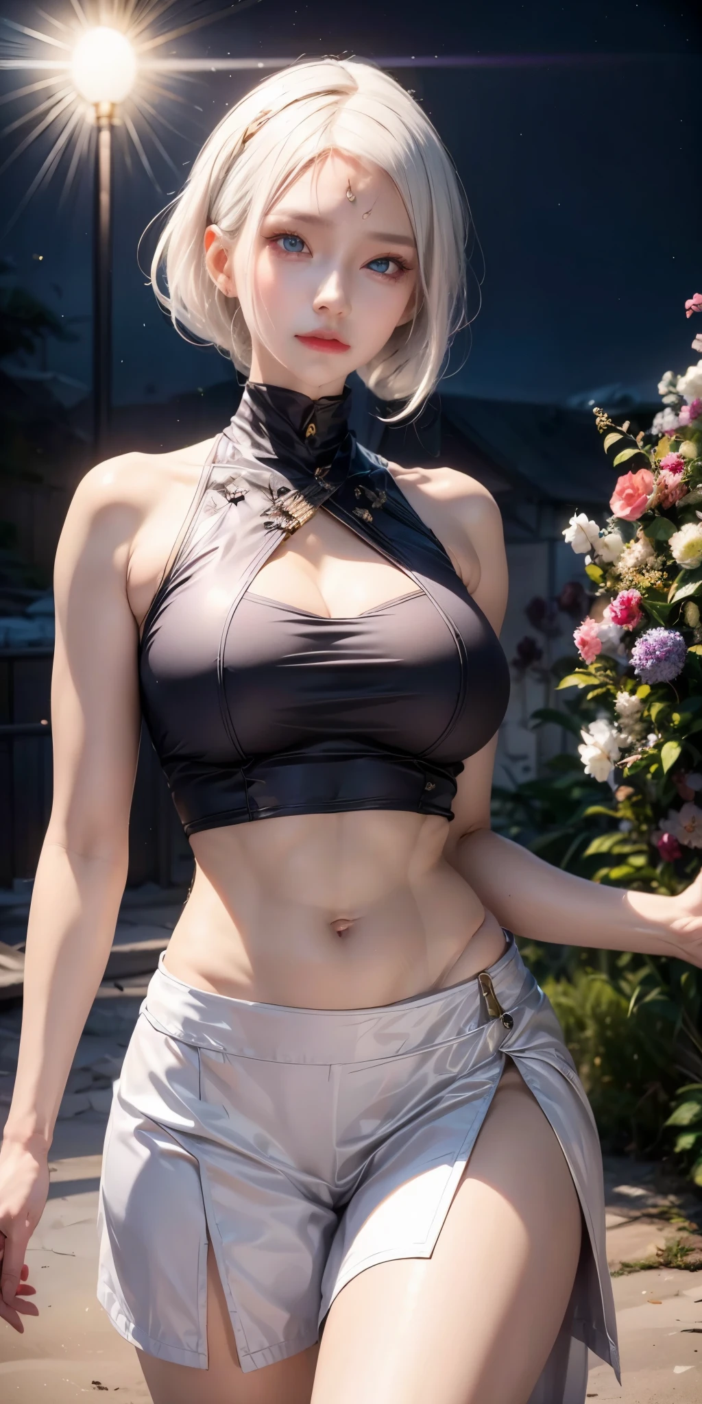 realistic, 1 women, best quality, 12k, HD, long hair, big round breasts, cleavage, ponytail, necklace, jewelry, shorts, short jacket, slim hips, hair tie, yellow eyes, black hair, super detailed, Eye details, hair details, person details, mouth details, face details, breast details, clothes details, hair details, pants details, hand details, whole body
