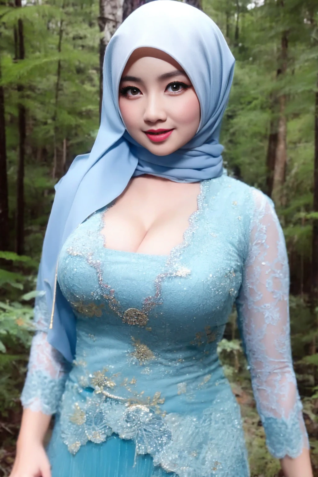 Create a photorealistic masterpiece of a beautiful woman with hijab wearing traditional Indonesian kebaya attire, solo, cleavage cutout, Set her against a dark, forest backdrop with a captivating glow in the background and bokeh effect. Ensure the image quality is 8K with ultra-realistic details.,kebaya,kebaya indonesia