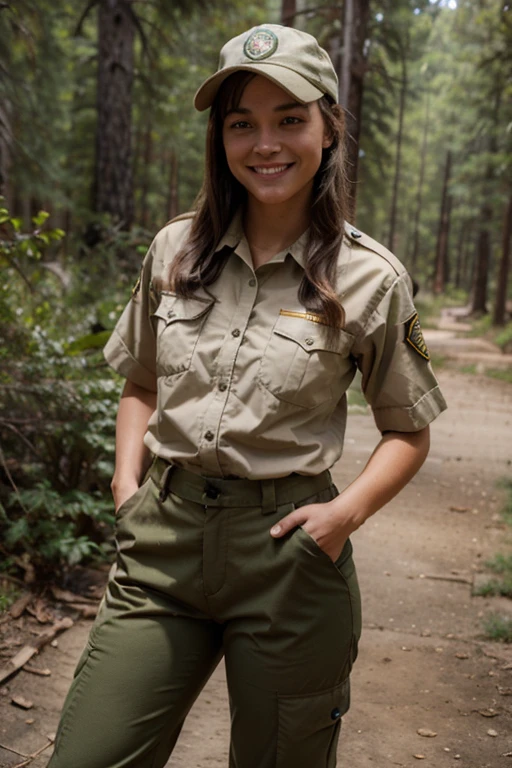 young smiling female national park ranger in natural colored uniform and outdoor pants, brauner zopf
