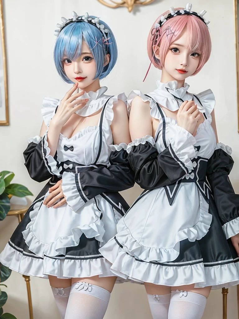 (8K, Photorealistic, Raw photo, of the highest quality: 1.3), (1girl in), Super beautiful, (Realistic face), (boyish, light blue Color Berry Shorthair),(8K, Photorealistic, Raw photo, of the highest quality: 1.3), (1girl in), Super beautiful, (Realistic face), (boyish, pink Color Berry Shorthair), Beautiful , Glare that captivates the viewer, Beautiful expression, Beautiful breasts, (Realistic skin), Be...Create a detailed and colorful image of Ram and Rem from Re:Zero, standing back-to-back in their maid outfits, with a magical fantasy background、14years old, two girls,cute, perfect face, beautiful, nice body, gothic ta clothes, gothic loliashion, frilly skirt, headdress, necklace, bracelet, knee-high socks, boots, double eyelids, tear bags, Detailed down to the fingers, photo-like description, indoors, dim indoor lighting, one girl is pink hair and short bob, another girl is light blue hair and short bob,standing, whole body, composition that shows the whole body, smiling,The Both of them are wearing the same type of maid outfit