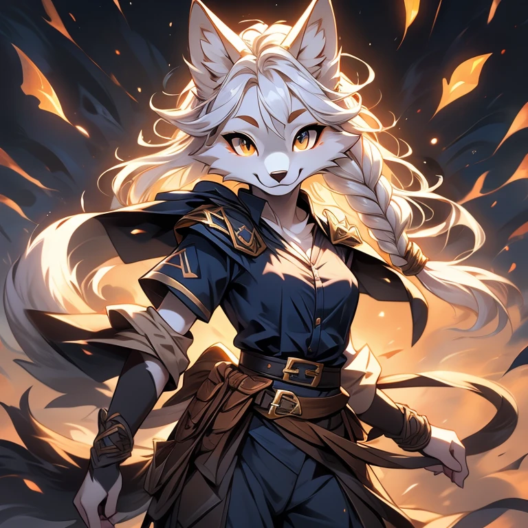 Solo, Young Female white fox-cat (((lean-body))) (((small breasts))) (short snout),(((black stripe between neck and shoulder towards chest))) ((black fur stripe on waist))(ears are darker), (heterochromia(orange, violet)), (cat tail (black at end)), (white hair (single-braided)), (fantasy adventure type clothing ((violet shirt), golden-brown cloak, (navy-blue belt) khaki pants)), happy ((looking at viewer)) ((Female wolf))