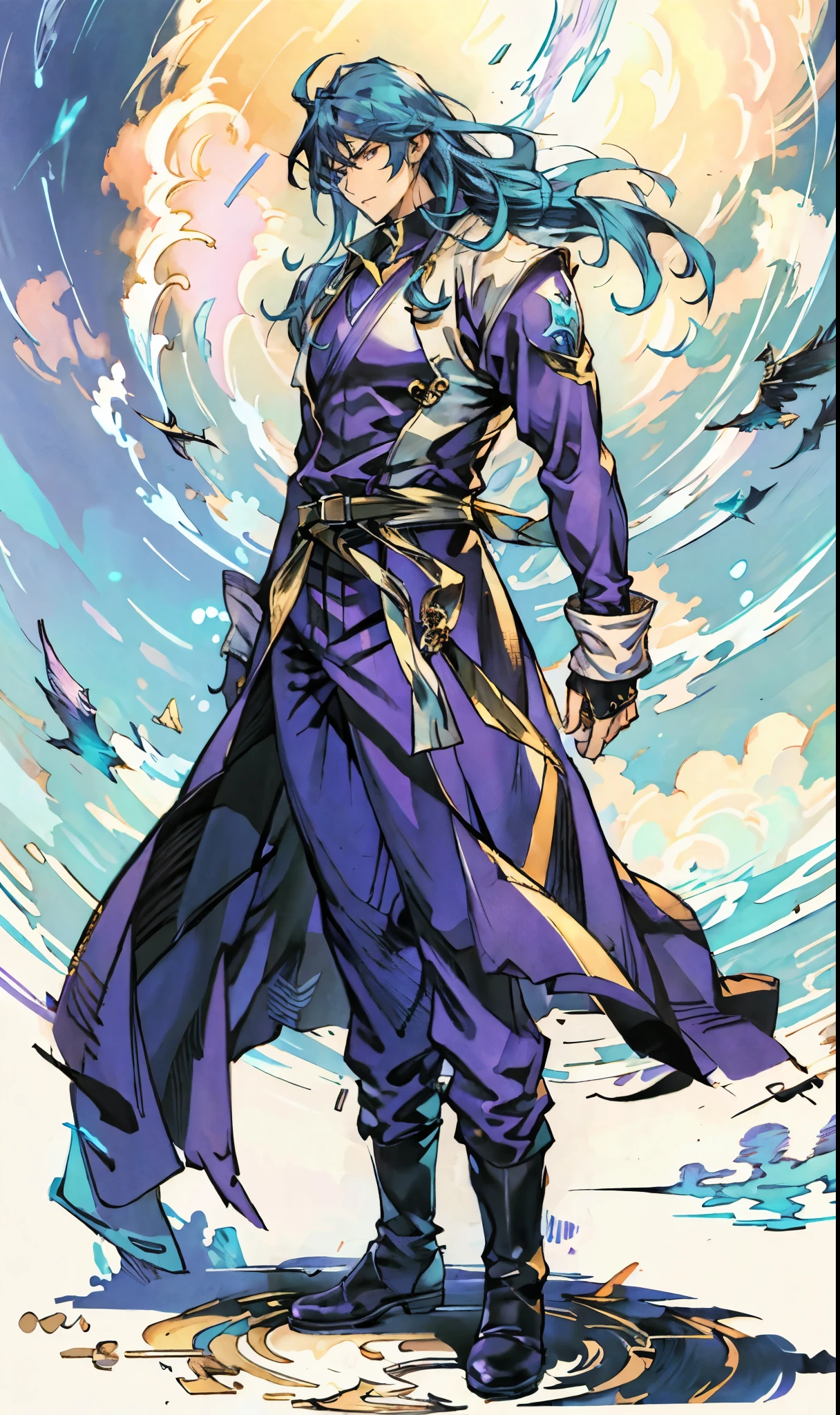 A man with medium-length teal blue long hair, middle part bangs, determined gaze, well-defined facial features, calm expression, sturdy physique, a fantasy-style white long coat with purple-blue patterns, asymmetrical hem, a black belt, gloves, fabric trousers, leather boots, blue and red energy swirling around him, impacting the grassland with their diffused aura, this character embodies a finely crafted fantasy martial arts-style hero in anime style, exquisite and mature manga art style, high definition, best quality, highres, ultra-detailed, ultra-fine painting, extremely delicate, professional, perfect body proportions, golden ratio, anatomically correct, symmetrical face, extremely detailed eyes and face, high quality eyes, creativity, RAW photo, UHD, 32k, Natural light, cinematic lighting, masterpiece-anatomy-perfect, masterpiece:1.5