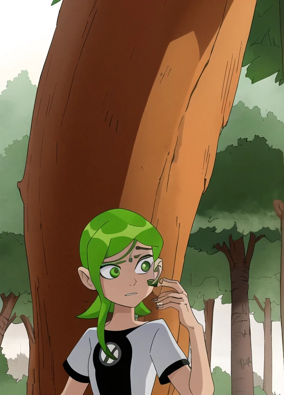 Ben10, 1 garota, Sozinho, olhos verdes, floresta, natureza, presilha de cabelo, hair ornament, cabelo curto, Boca aberta, cabelo laranja, tree, brincos, joia, tronco, anime coloring, sem roupas