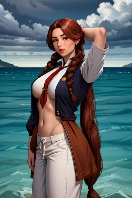 ultra realistic 8k, picture-perfect face, flawless, clean, masterpiece, perfect face, beautiful face, extremely detailed eyes, a woman admiral, standing on a pier overlooking the seas, solo, detailed eyes, beautiful, looking at viewer, (dynamic pose), water, confident pose, stormy sea, storm, wind, (dark theme:0.85), small breasts, (white parade pants, blue admiral uniform, blue parade uniform, admiral hat), hyperrealistic photography, extremely detailed CG unity 8k wallpaper, HDR, RAW photo, dslr, intricate detail, cute, magical, enchanting, parted lips, vibrant lighting, vibrant colors, (masterpiece, best quality, ultra-detailed, best shadow), perfect female body perfect female waist, photography BREAK long hair, crownbraid, chestnut brown hair, ponytail, crownbraid tie, (pronounced blush) , (button off:-1.3), (nipples:-1.3), (areola:-1.3), (cleavage:-1.3),