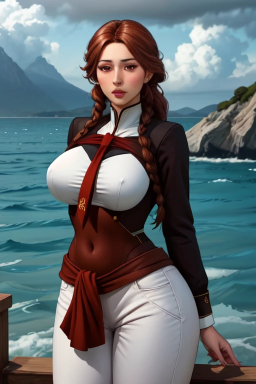 ultra realistic 8k, picture-perfect face, flawless, clean, masterpiece, perfect face, beautiful face, extremely detailed eyes, a woman admiral, standing on a pier overlooking the seas, solo, detailed eyes, beautiful, looking at viewer, (dynamic pose), water, confident pose, stormy sea, storm, wind, (dark theme:0.85), small breasts, (white parade pants, blue admiral uniform, blue parade uniform, admiral hat), hyperrealistic photography, extremely detailed CG unity 8k wallpaper, HDR, RAW photo, dslr, intricate detail, cute, magical, enchanting, parted lips, vibrant lighting, vibrant colors, (masterpiece, best quality, ultra-detailed, best shadow), perfect female body perfect female waist, photography BREAK long hair, crownbraid, chestnut brown hair, ponytail, crownbraid tie, (pronounced blush) , (button off:-1.3), (nipples:-1.3), (areola:-1.3), (cleavage:-1.3),