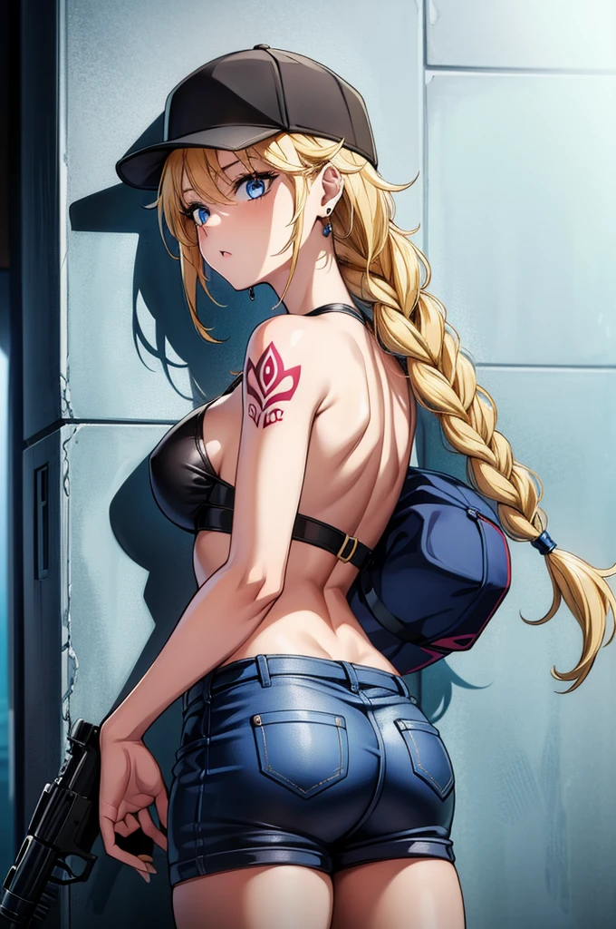 a sexy girl with blue hair is facing an empty wall while carrying a gun, 1girl, back tattoo, hat, blonde hair, solo, blue eyes, braid, baseball cap, tattoo, back, piercing, butt crack, breasts, black headwear, long hair, ear piercing, earrings, jewelry