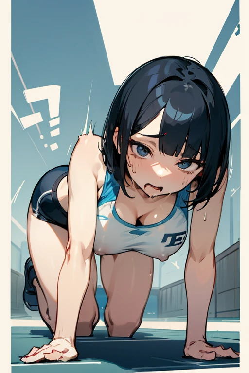 Japanese women,Black Hair,Short Bob、Visible nipples、Large size breasts、J cup breasts、Painful face、it hurts、forward leaning posture、Women urinating、incontinence、Sports Bra、On all fours、Electric shock