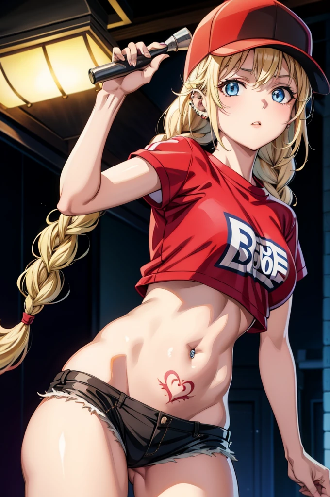a blonde anime female with tattoo on the right shoulder with dark hair, piercing, 1girl, navel piercing, hat, solo, blue eyes, red shirt, blonde hair, braid, shirt, navel, breasts, ear piercing, long hair, short sleeves, midriff, looking at viewer, baseball cap, white headwear, tattoo, parted lips, bangs, stomach