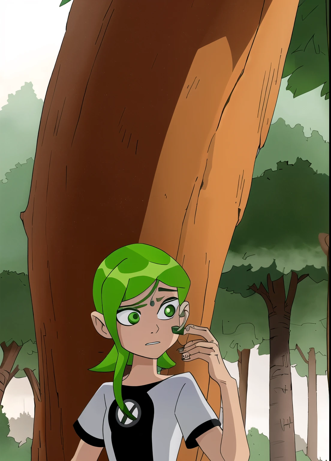 Ben10, 1 garota, Sozinho, olhos verdes, floresta, natureza, presilha de cabelo, hair ornament, cabelo curto, Boca aberta, cabelo laranja, tree, brincos, joia, tronco, anime coloring, sem roupas