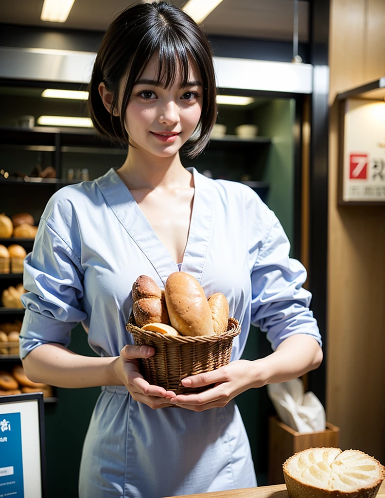 highest quality, masterpiece, Ultra-high resolution, (Realistic:1.4), RAW Photos, One girl, Most popular Japanese idols, (At the bakery, Looking happily at the many pieces of bread, At the bakery楽しい時間を過ごす), Mr.々Details of different types of bread, Tight clothing, A very cute smile like the most famous Japanese idol, Perfect Proportions, Very cute face like the most famous Japanese idol, ((Very beautiful big black eyes)), Very beautiful short black hair, Detailed bakery