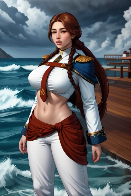 ultra realistic 8k, picture-perfect face, flawless, clean, masterpiece, perfect face, beautiful face, extremely detailed eyes, a woman admiral, standing on a pier overlooking the seas, solo, detailed eyes, beautiful, looking at viewer, (dynamic pose), water, confident pose, stormy sea, storm, wind, (dark theme:0.85), small breasts, (white parade pants, blue admiral uniform, blue parade uniform, admiral hat), hyperrealistic photography, extremely detailed CG unity 8k wallpaper, HDR, RAW photo, dslr, intricate detail, cute, magical, enchanting, parted lips, vibrant lighting, vibrant colors, (masterpiece, best quality, ultra-detailed, best shadow), perfect female body perfect female waist, photography BREAK long hair, crownbraid, chestnut brown hair, ponytail, crownbraid tie, (pronounced blush) , (button off:-1.3), (nipples:-1.3), (areola:-1.3), (cleavage:-1.3),