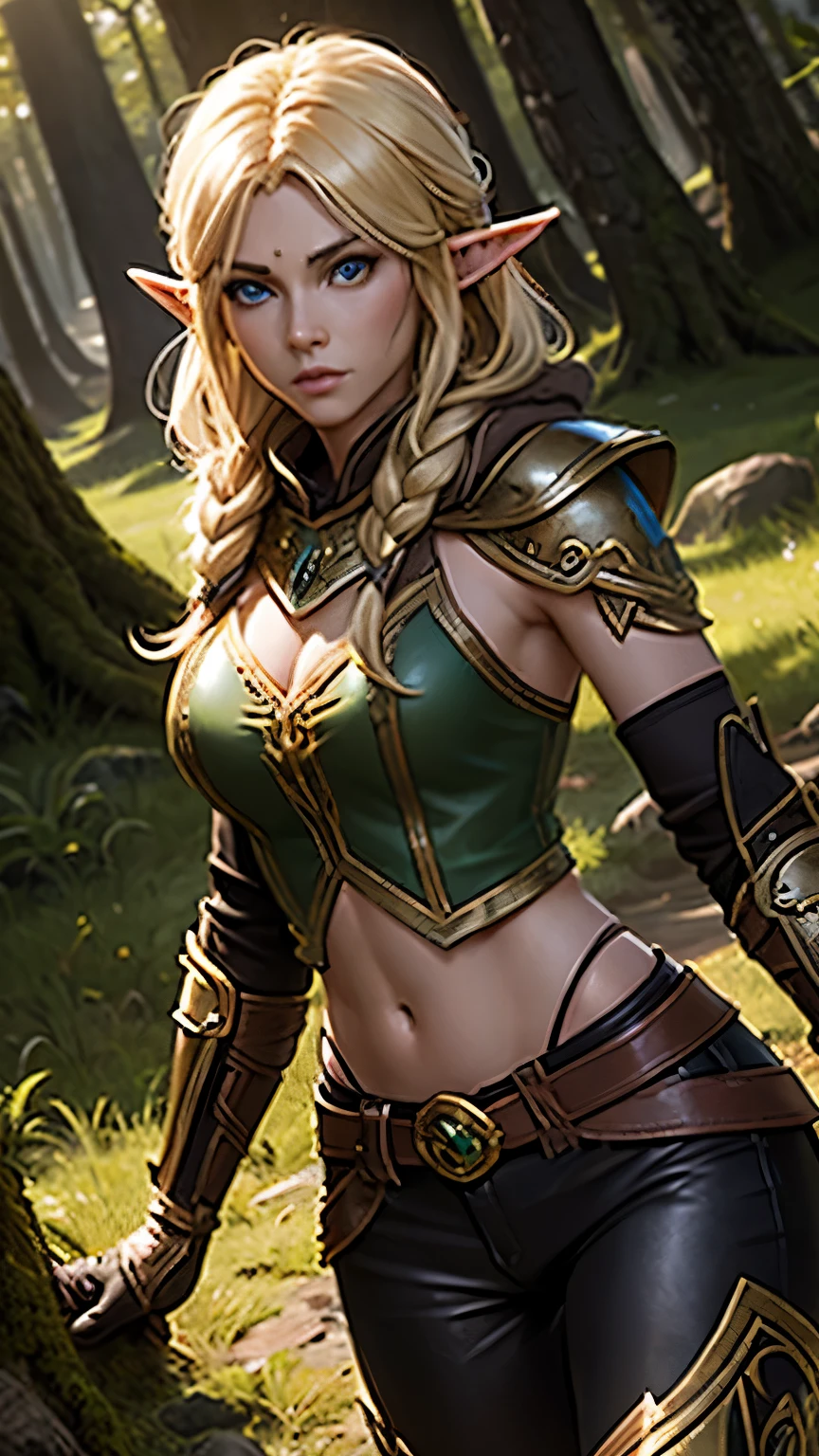 (Highly quality, highly resolutions, highly detailed, masterpiece), WoWAlleria, Forest background, Alleria Windrunner from Warcraft, solo, beautiful elf woman, blond hair, single braid, glowing blue eyes, leather and plate armor, leather laced pants, leather gloves boots and belts, single shoulder pad, hood, facial mark tattoo, elf ears, ring ear piercing, navel