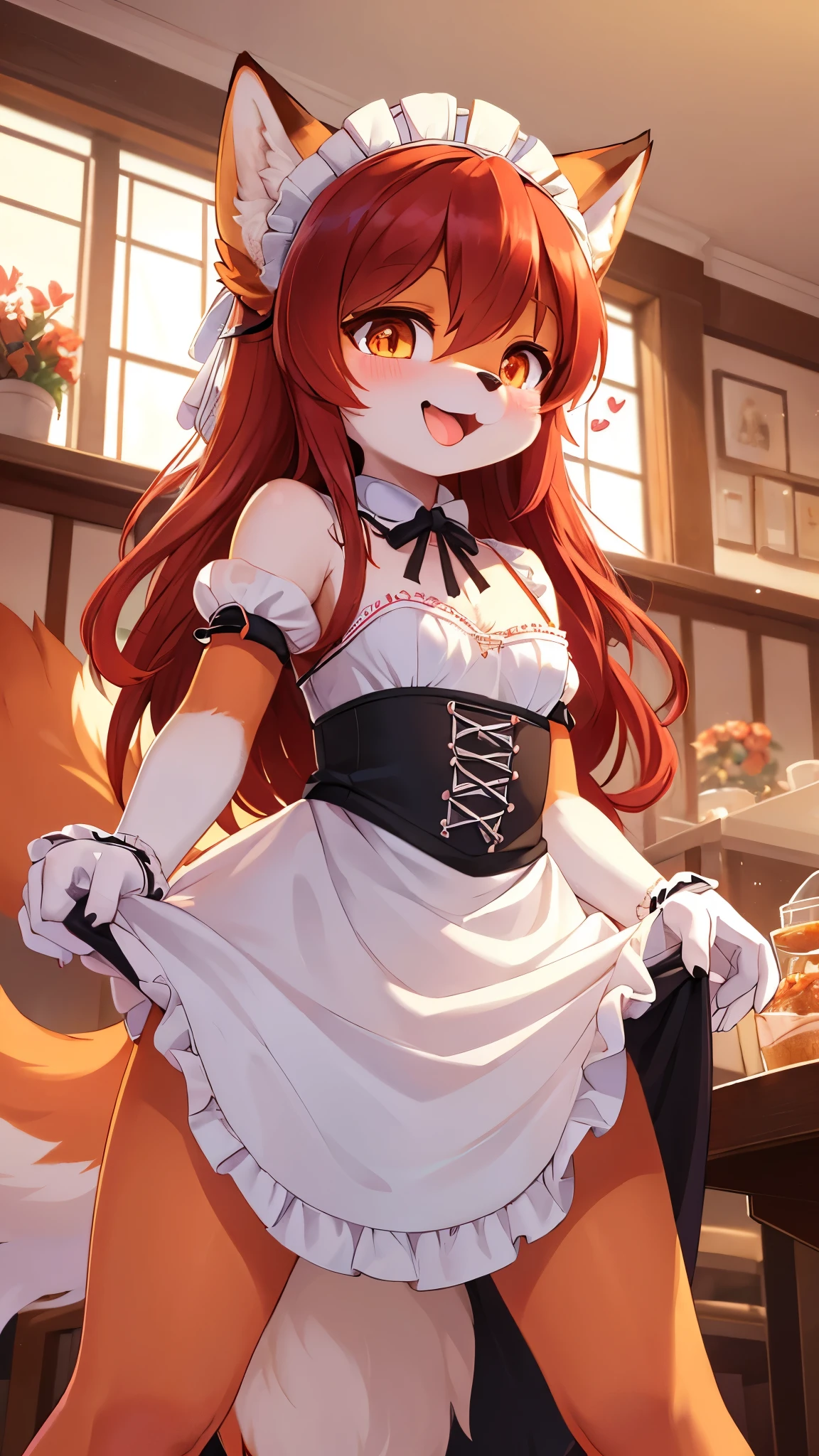 best quality,best resolution,(fluffy anthro furry :1.6),(young :1.6),fox girl,small breasts,red hair,long hair,wavy hair,curvy hair,orange fur,glistering eyes,sparkle eyes,maid outfit,maid headdress,maid gloves,ruffles,beautiful cafe,white light,looking at viewer,full face blush,naughty face,smile,heart eyes,heart expression eyes,open mouth,straddle viewer,stand,low angle,front view,heavy breath,bend down