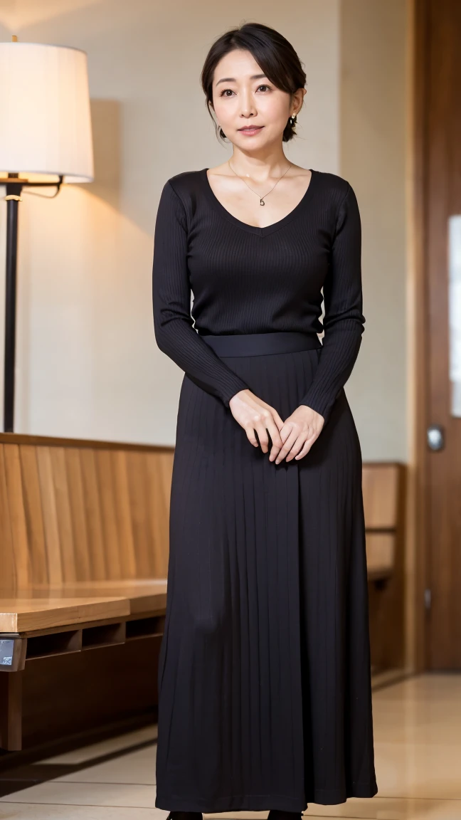 High resolution, highest quality, masterpiece, Textured skin, Anatomically correct, sharp, (((Full body photo))), (Shooting from the side), (Alone in the hotel lobby), (Walking), ((Japanese Mature, 42 years old)), Nasolabial folds, Black straight hair, ponytail, (Chubby body type:1.1), Shapely small breasts, (looking at the camera), Serious expression, (Business look), ((teacher)), Ribbed V-neck, sweater, Long sleeve, Formal tight skirt, pumps, necklace, Earrings