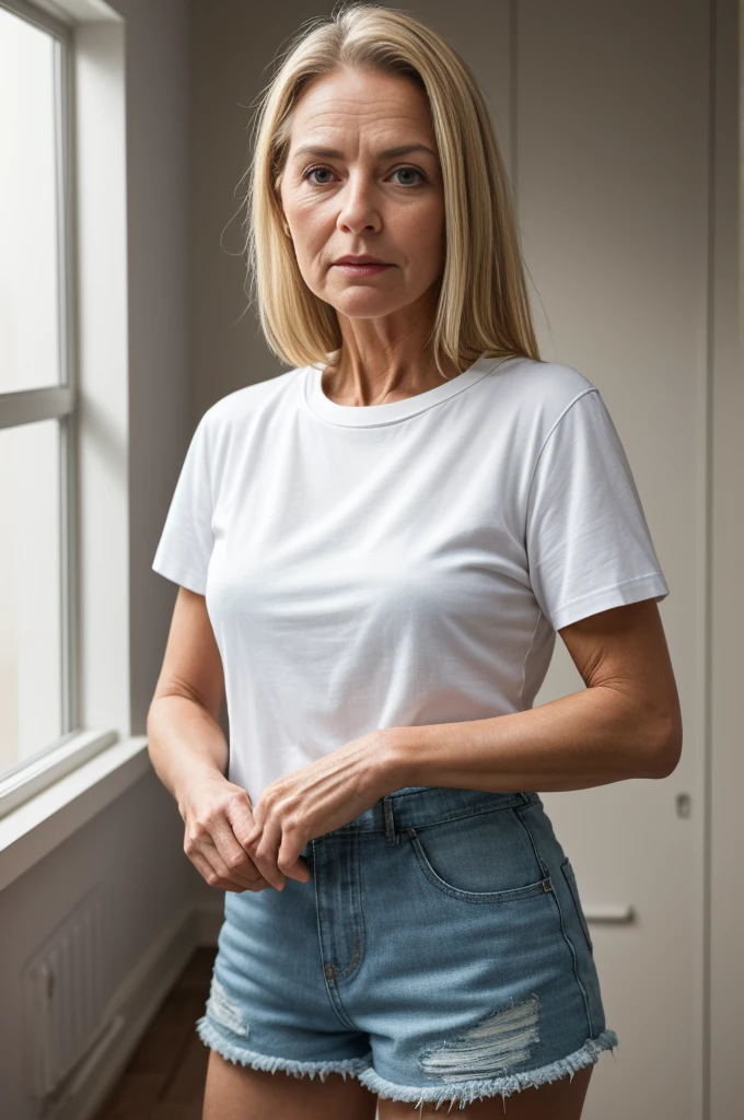 8K, RAW photo, realistic, photorealistic, absolutely resolution, ultra detailed, extremely intricate, photo of a woman in a room, indoor, with age-appropriate wrinkles, highly detailed skin texture, blonde hair, T-shirt, shorts, standing, front facing, medium shot, rembrandt lighting,