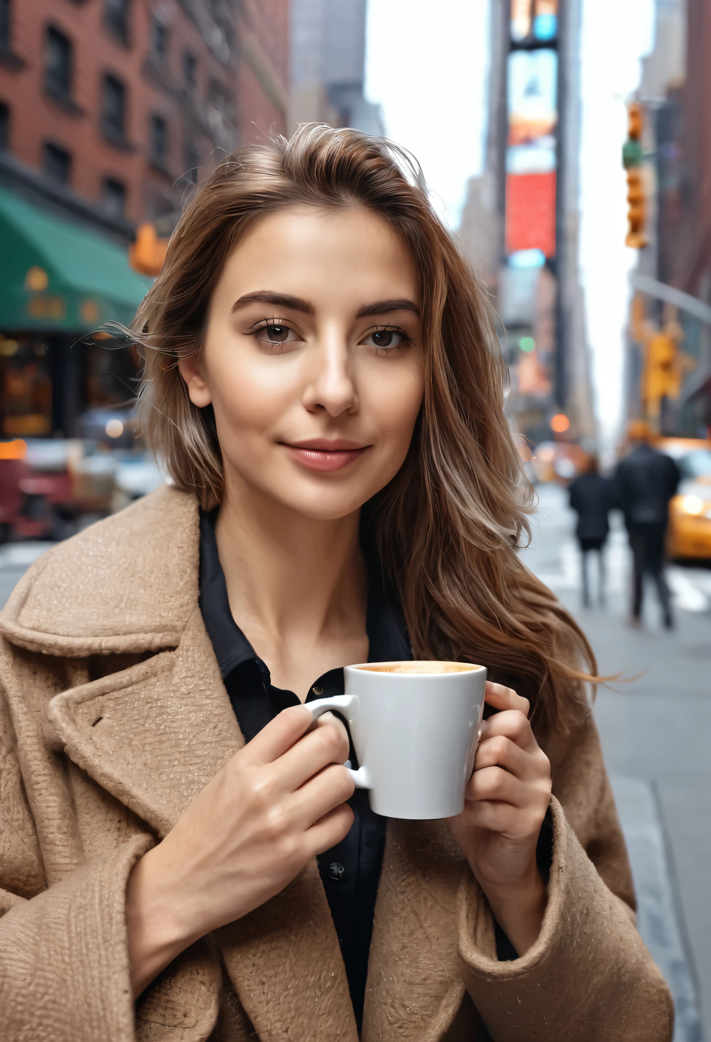 26 year old woman drinking coffee in New York, fotorrealista