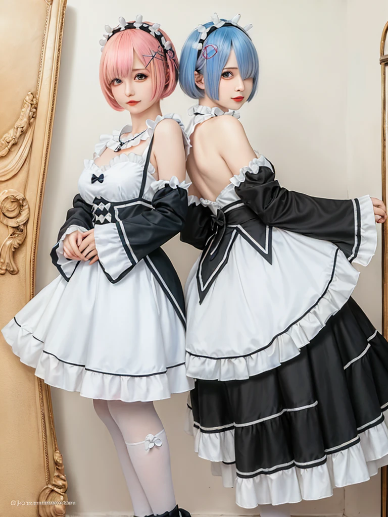 (8K, Photorealistic, Raw photo, of the highest quality: 1.3), (1girl in), Super beautiful, (Realistic face), (boyish, light blue Color Berry Shorthair),(8K, Photorealistic, Raw photo, of the highest quality: 1.3), (1girl in), Super beautiful, (Realistic face), (boyish, pink Color Berry Shorthair), Beautiful , Glare that captivates the viewer, Beautiful expression, Beautiful breasts, (Realistic skin), Be...Create a detailed and colorful image of Ram and Rem from Re:Zero, standing back-to-back in their maid outfits, with a magical fantasy background、14years old, two girls,cute, perfect face, beautiful, nice body, gothic lolita clothes, gothic lolita fashion, frilly skirt, headdress, necklace, bracelet, knee-high socks, boots, double eyelids, tear bags, Detailed down to the fingers, photo-like description, indoors, dim indoor lighting, one girl is pink hair and short bob, another girl is light blue hair and short bob,standing, whole body, composition that shows the whole body, smiling,The Both of them are wearing the same type of maid outfit
