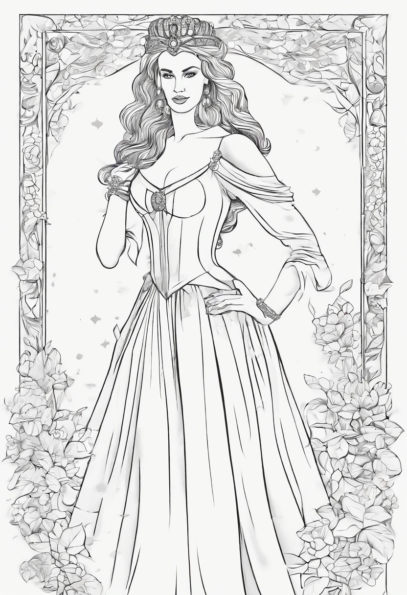 Create a simple princess illustration suitable for a coloring book for a female . The princess should be depicted in a full white dress with minimal detailing. Keep the drawing simple and easy to color. Focus on conveying a sense of elegance and grace.