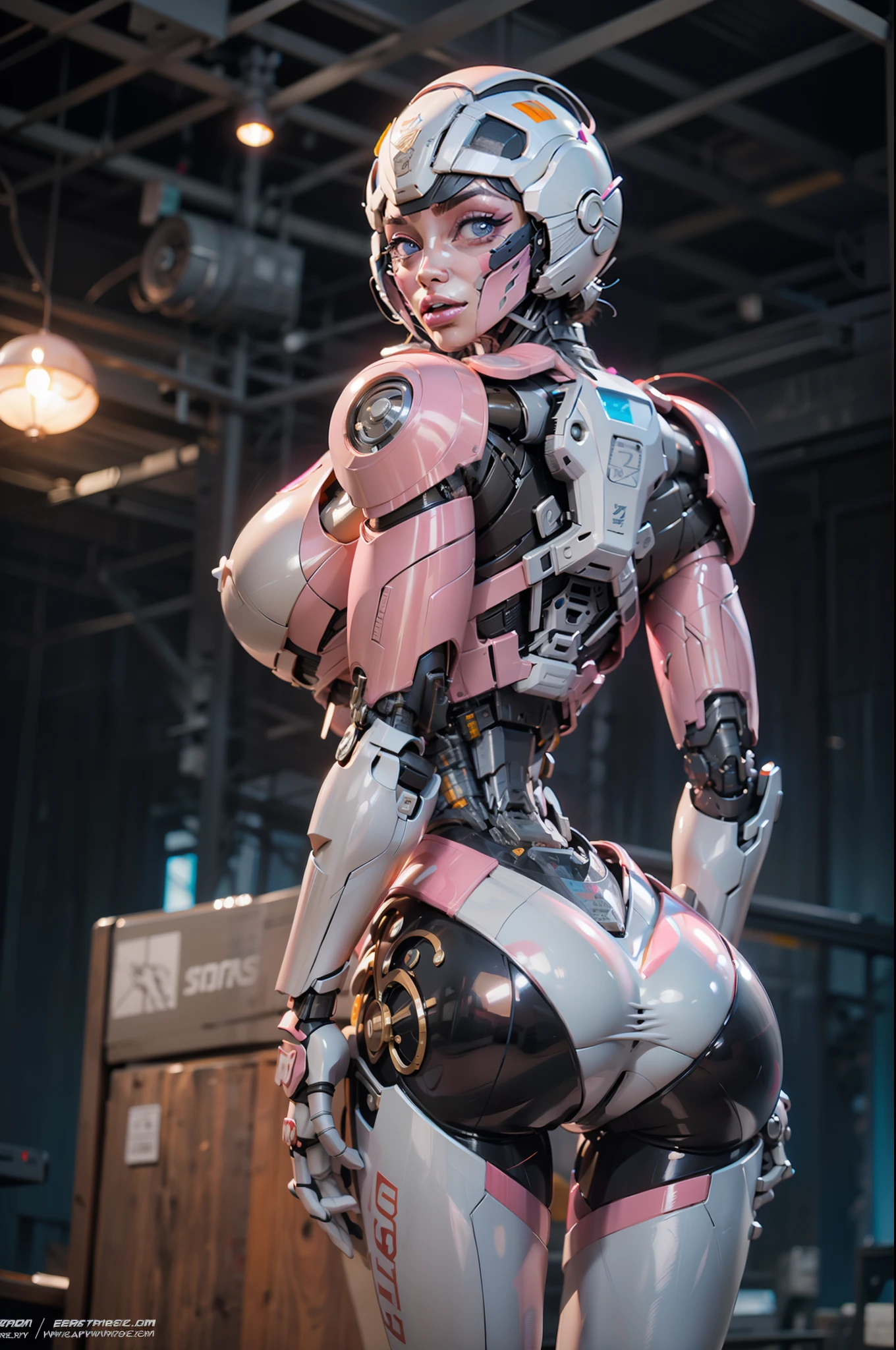 (Arcee), Arafed Woman in a futuristic suit posing for a photo, in white futuristic armor, girl in mecha cyber armor, (helmet covers forehead), full lips, (pink and white color scheme), large shoulders, large fit ass, Unreal Engine Render + a Goddess, Porcelain Cyborg Armor, Shiny White Armor, (pink and white aesthetic), (gigantic round breasts), slim waist, cybernetic abs, gynoid cyborg body, Beautiful and attractive female cyborg, Beautiful female cyborg, Beautiful white girl cyborg, With futuristic armor, Perfect female cyborg, image from behind, hemispherical ass cheeks