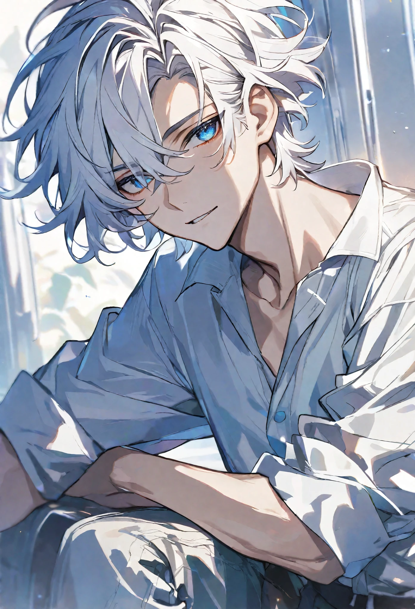 Solo, male, short hair, white hair, blue eyes, white shirt