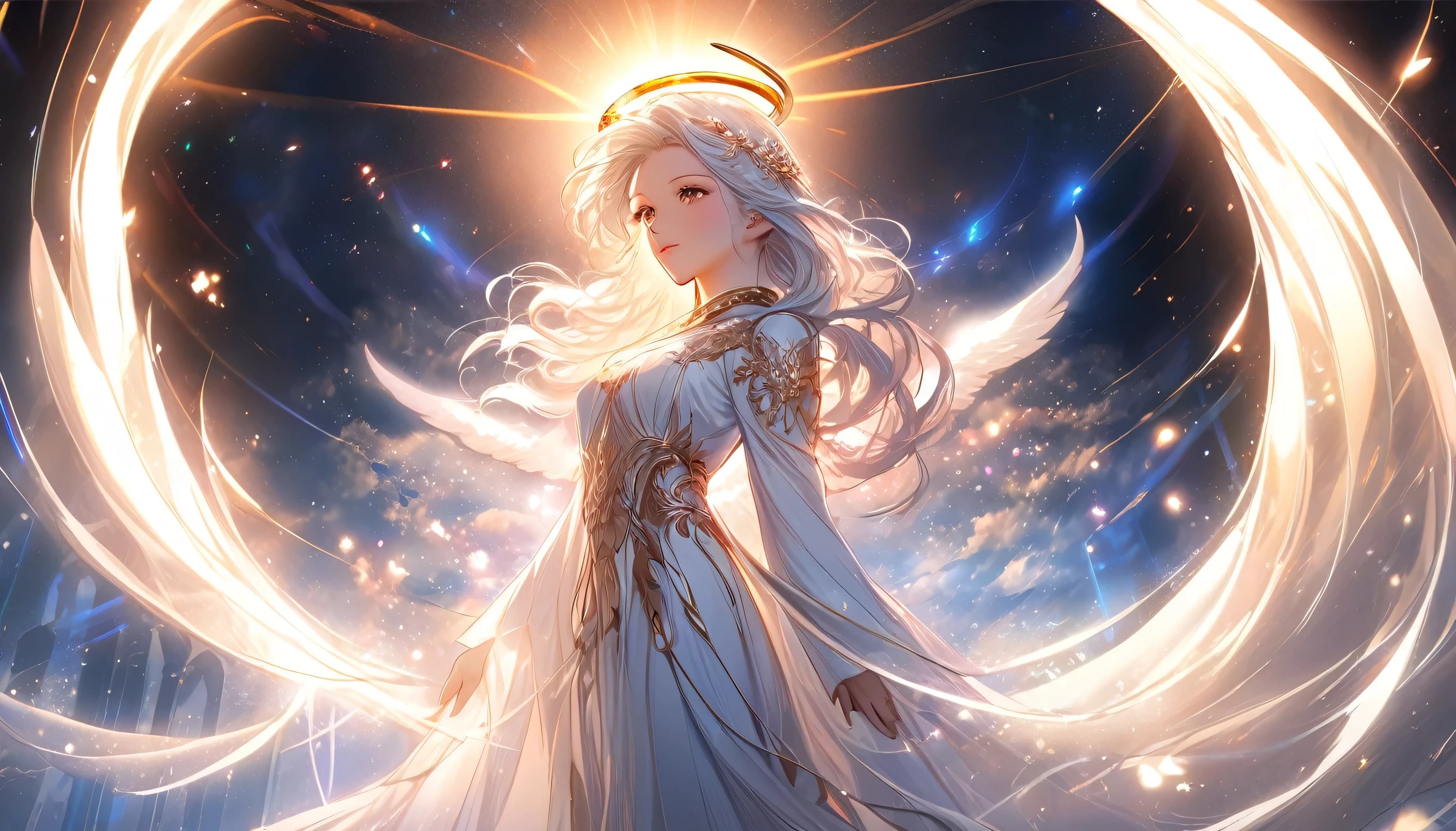anime, anime girl, angel, fantasy, fantasy art, digital art, beautiful anime artwork, angelic halo, angelic light, ethereal anime, anime epic artwork, anime fantasy artwork, beautiful anime art, an angel of the dawn light, dramatic lights, mature female
