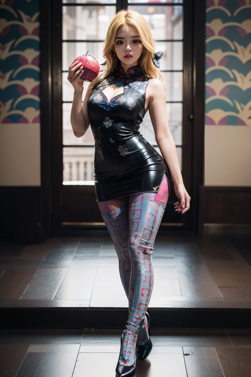 Black shot hair,(full body:1.5),(((only one girl)):1.4),(view the viewer:1.4),((anatomy correct):1.45),(((dancing in the palace, Perfectly integrated background))):1.3),(she wears large glasses and Holding fruit in her hand:1.2),(shy:1.15),((red cheongsam's set):1.2),(((((((patterns)))))) ,((thick pantyhose)):1.3),( Uniform high heels leather shoes with bows for female students:1.1),((Long legs and large chest):1.3),((((colorful))):1.4),(Accurate and perfect face:1.3),((blonde):1.2),hyper HD, Ray traching, reflective light, structurally correct, Award-Awarded, high detail, lighten shade contrast, Face lighting ,cinematic lighting, masterpiece, super detailing, high quality, high detail, best quality, 16k,High contrast,