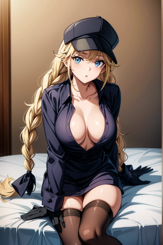 a cartoon drawn female sitting on bed wearing black hat with gloves and stockings, 1girl, solo, breasts, hat, blue eyes, long hair, blonde hair, cleavage, looking at viewer, sitting, braid, large breasts, black headwear, collarbone, jacket, thighs, twin braids