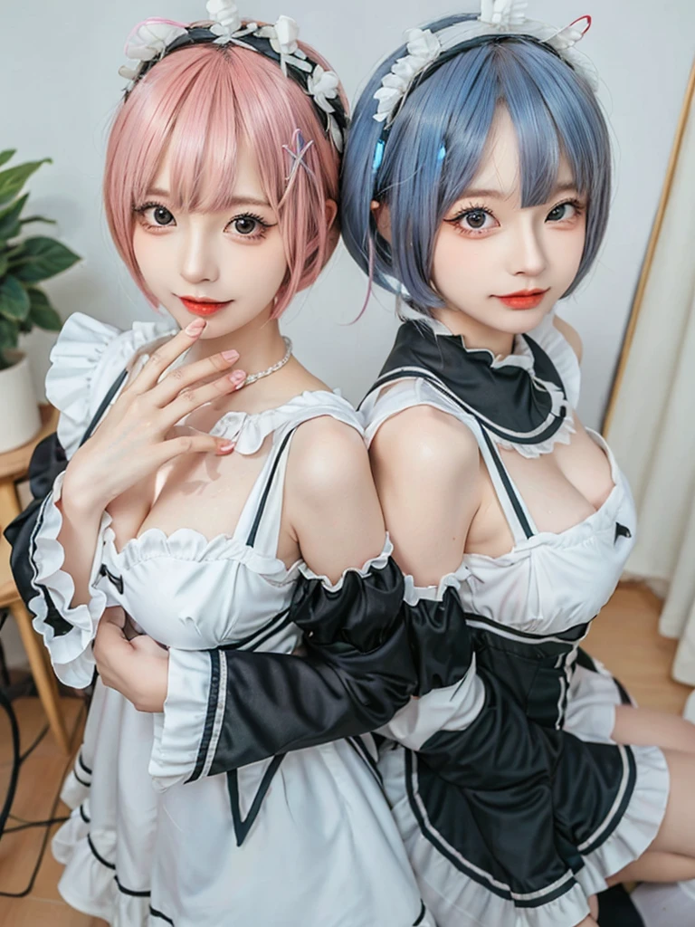 (8K, Photorealistic, Raw photo, of the highest quality: 1.3), (1girl in), Super beautiful, (Realistic face), (boyish, light blue Color Berry Shorthair),(8K, Photorealistic, Raw photo, of the highest quality: 1.3), (1girl in), Super beautiful, (Realistic face), (boyish, pink Color Berry Shorthair), Beautiful , Glare that captivates the viewer, Beautiful expression, Beautiful breasts, (Realistic skin), Be...Create a detailed and colorful image of Ram and Rem from Re:Zero, standing back-to-back in their maid outfits, with a magical fantasy background、14years old, two girls,cute, perfect face, beautiful, nice body, gothic lolita clothes, gothic lolita fashion, frilly skirt, headdress, necklace, bracelet, knee-high socks, boots, double eyelids, tear bags, Detailed down to the fingers, photo-like description, indoors, dim indoor lighting, one girl is pink hair and short bob, another girl is light blue hair and short bob,standing, whole body, composition that shows the whole body, smiling,The Both of them are wearing the same type of maid outfit
