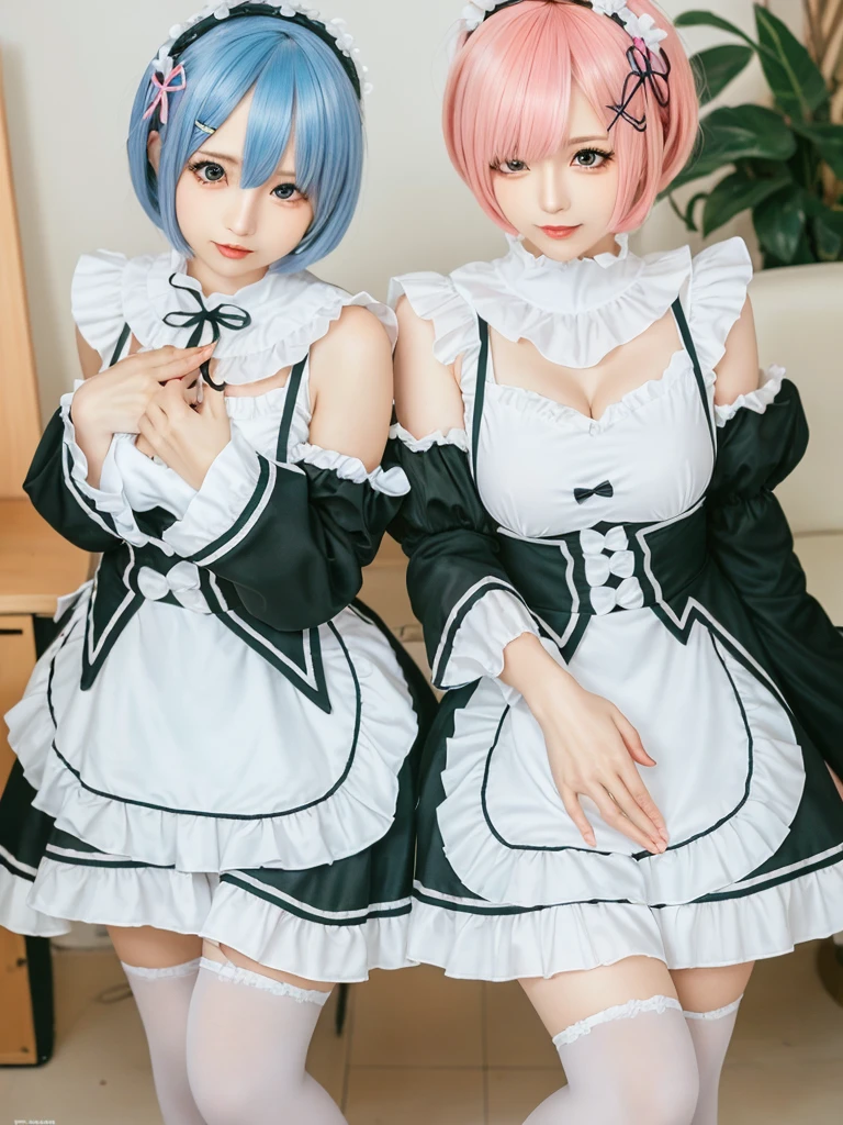 (8K, Photorealistic, Raw photo, of the highest quality: 1.3), (1girl in), Super beautiful, (Realistic face), (boyish, light blue Color Berry Shorthair),(8K, Photorealistic, Raw photo, of the highest quality: 1.3), (1girl in), Super beautiful, (Realistic face), (boyish, pink Color Berry Shorthair), Beautiful , Glare that captivates the viewer, Beautiful expression, Beautiful breasts, (Realistic skin), Be...Create a detailed and colorful image of Ram and Rem from Re:Zero, standing back-to-back in their maid outfits, with a magical fantasy background、14years old, two girls,cute, perfect face, beautiful, nice body, gothic lolita clothes, gothic lolita fashion, frilly skirt, headdress, necklace, bracelet, knee-high socks, boots, double eyelids, tear bags, Detailed down to the fingers, photo-like description, indoors, dim indoor lighting, one girl is pink hair and short bob, another girl is light blue hair and short bob,standing, whole body, composition that shows the whole body, smiling,The Both of them are wearing the same type of maid outfit