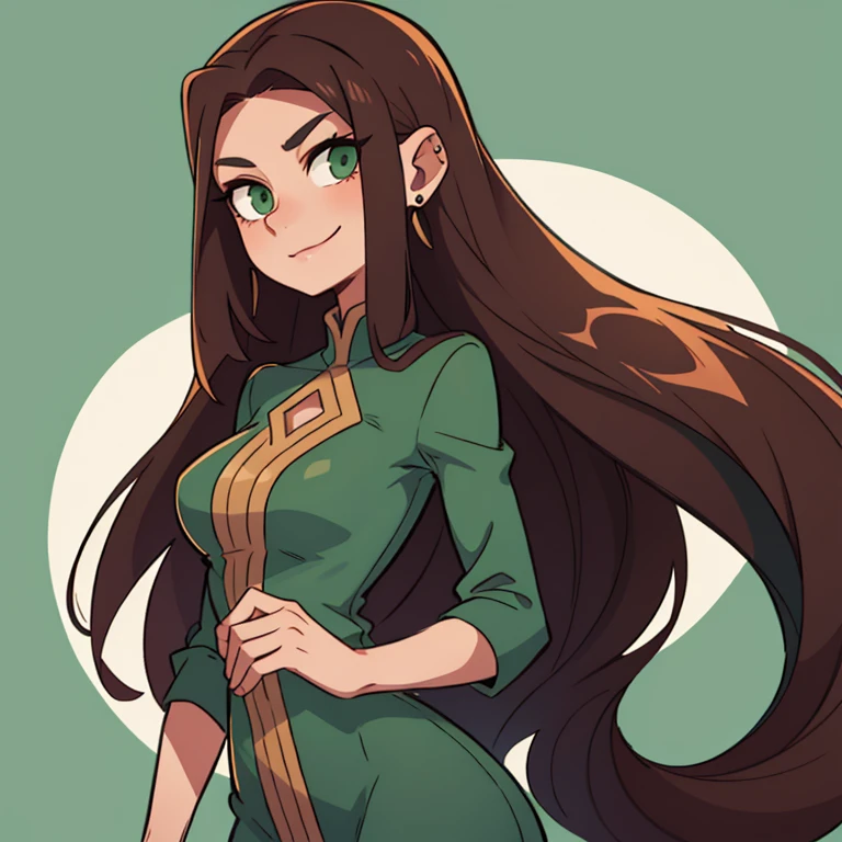 Tall, slender and elegant, with long, flowing dark brown hair and piercing green eyes. Her face is framed by a sharp nose and sensual lips, which always seem to be curved in a mysterious half-smile.