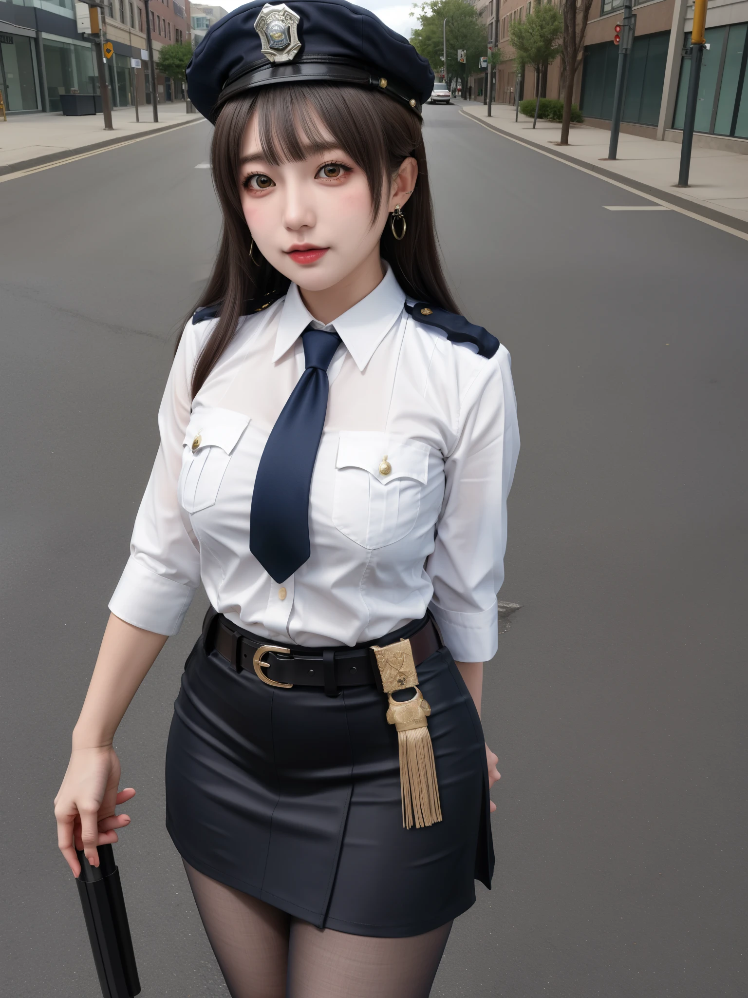 Masterpiece, best quality, solo, (detailed face), minami kotori, curvy body ,white shirt,half sleeves,earrings,mini pencil skirt, necktie , standing,police cap,in street,looking at viewer, cowboy shot, thighs, wide hips , arms behind back ,solo ,belt, pantyhose , skin tight ,pov after sex, begging