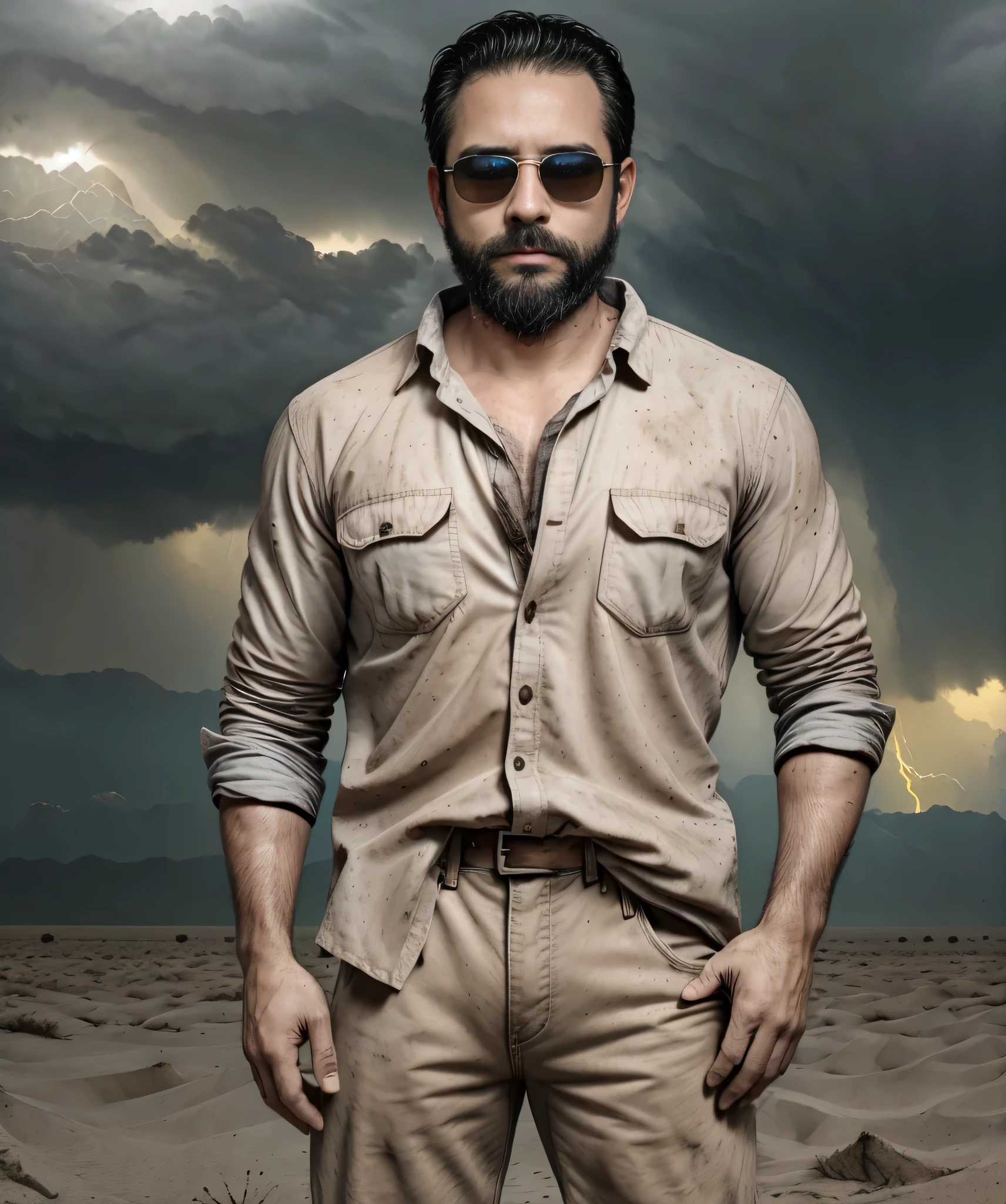 Obra maestra, desenfoque de campo, Parte superior del cuerpo, Hands in pants pockets , 38 year old man with beard and square sunglasses... Man wearing a dirty shirt in an action movie with a electric storm in the background. Camisa de madera.