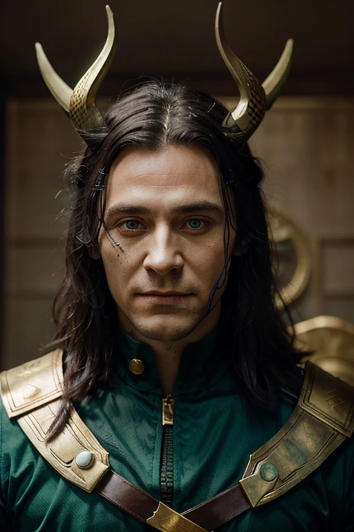 t0mh1, Norse god, face, loki, black hair, blue eyes, green clothes, helmet with golden horns on his head