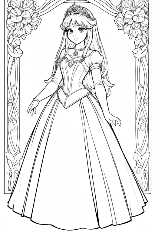 Create a simple princess illustration suitable for a coloring book for a female . The princess should be depicted in a full white dress with minimal detailing. Keep the drawing simple and easy to color. Focus on conveying a sense of elegant