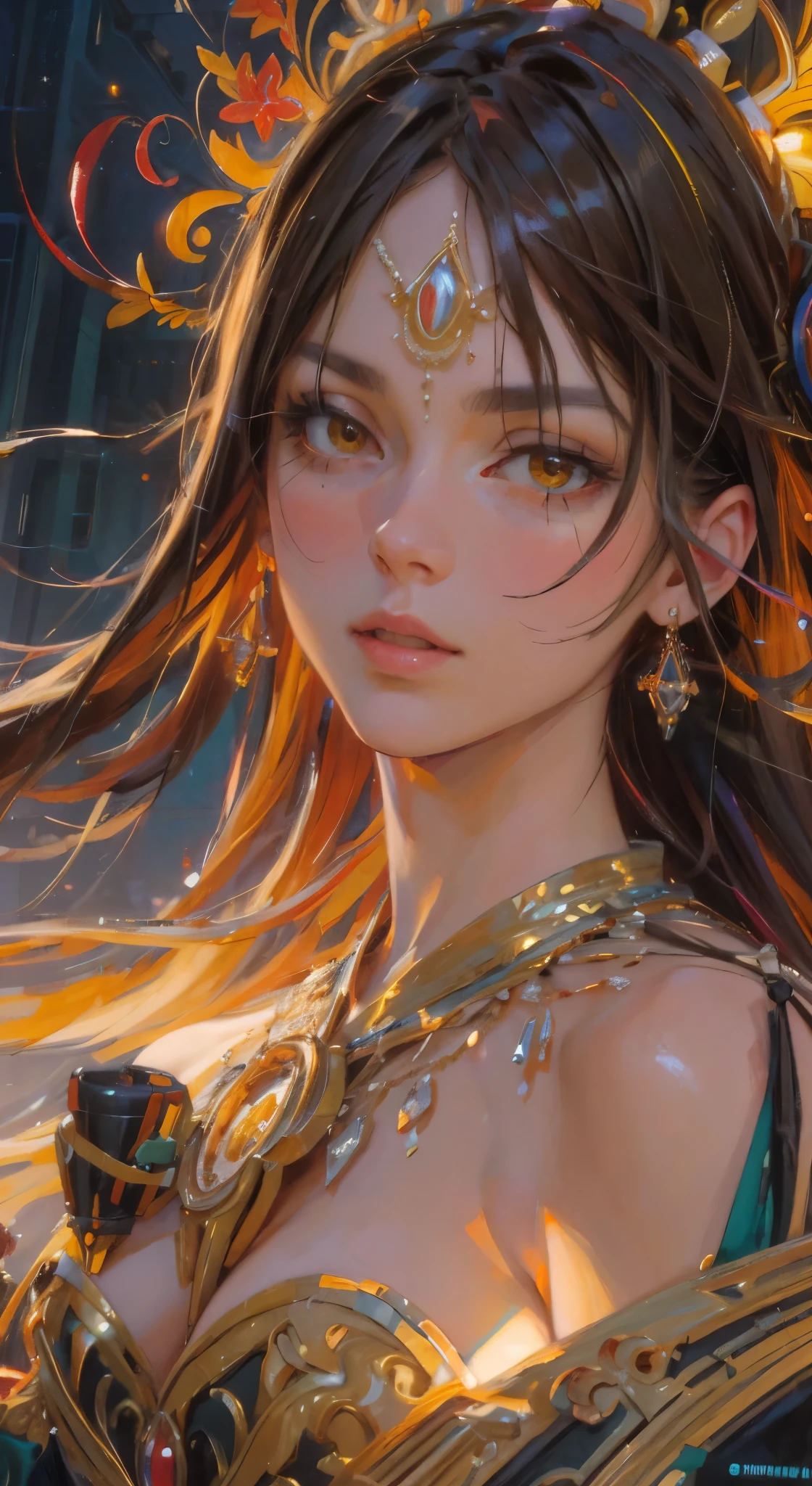 Oil painting, large brushstrokes, Centered, symmetrical, portrait official art, unity 8k wallpaper, ultra detailed, beautiful and aesthetic, masterpiece, best quality, (zentangle, mandala, tangle, entangle), (fractal art:1.3) , extremely detailed, dynamic angle, vivid colours, romanticism, atmospheric, ecstasy of musical notes, streaming musical notes visible. Luminous light. Luminous, 4K, highly detailed Cyberpunk alley at night. Inspired by smeglejj