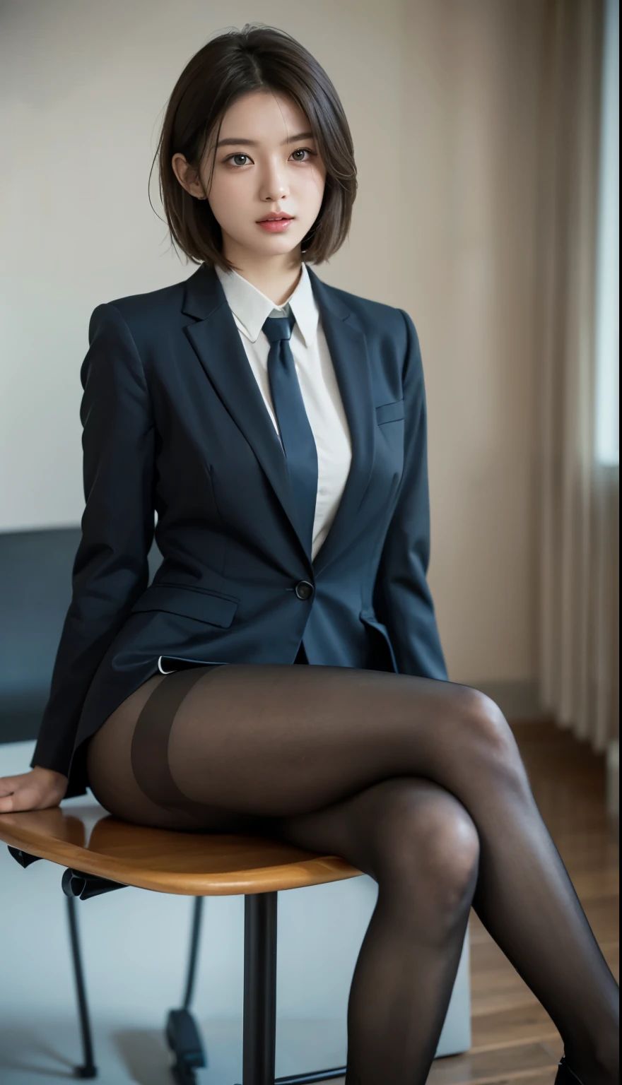 The face is :9,1270442595], Elitist and obedient woman sitting at desk tied up, (BAPV) Safe for business use, brother, Short hair, wearing pantyhose、Shibari, 2b, 2B, wearing a strict business suit, Tied to a chair, Stylish gravure idol, rope bondage, wearing a strict suit, ..raw,(In 8K、top quality、masterpiece:1.2)、(delicate details:1.4)、(photorealistic:1.4)、octane render、Complex 3D rendering, very detailed, studio soft light (studio soft light) (studio soft light (studio soft light)), rim light, Vibrant details, super detailing, realistic skin texture, detail face, Beautiful eye for detail, Highly detailed CG Unity 16k wallpapers, assembly-, (detailed background:1.2),glowing skin、exposed thighs!!!