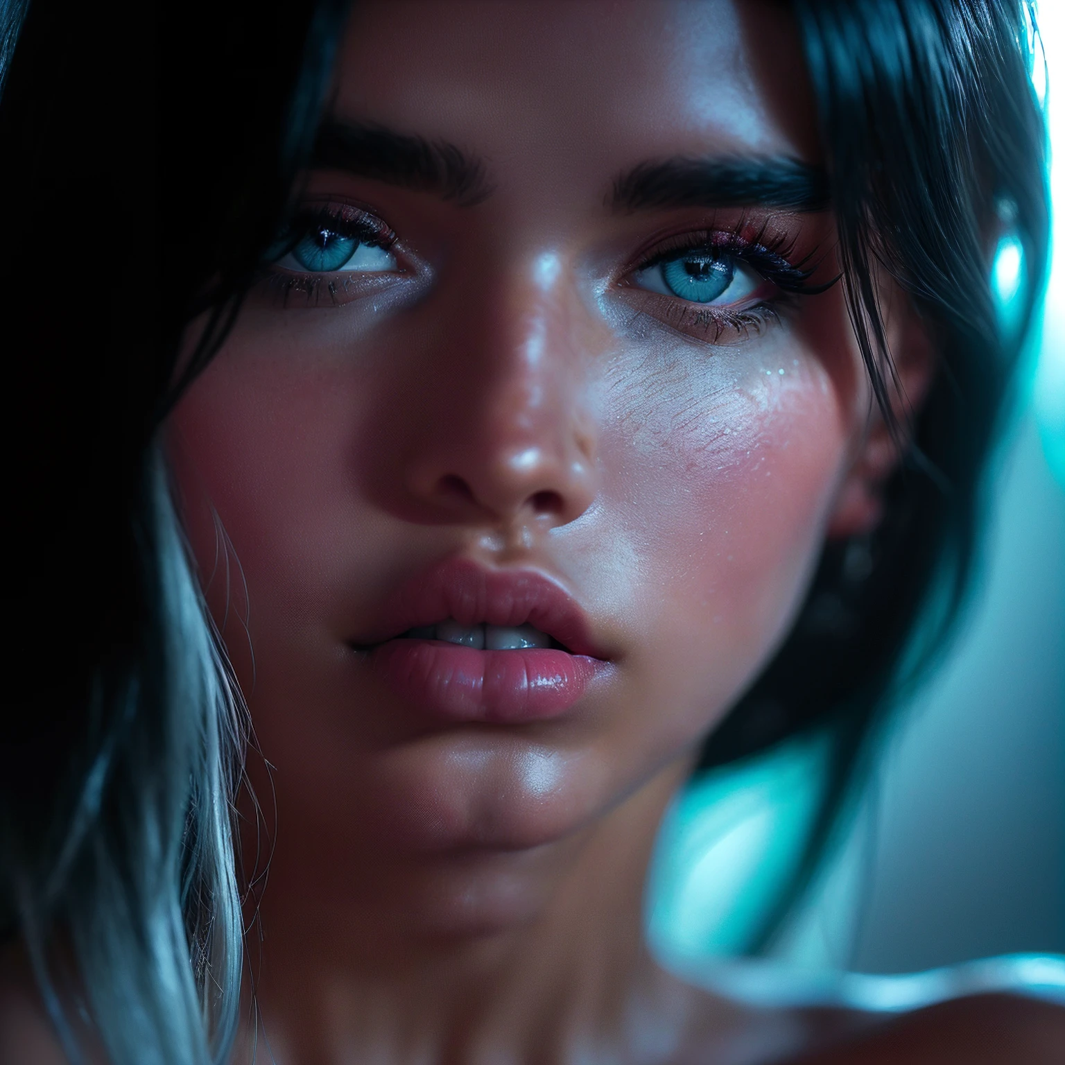 (((ultra realistic))) Photo, masterpiece, top quality, (tanned skin), (Ultra detailed face and eyes:1.3), 1 girl, Adult, in a dress, ((Bright Cyan eyes)), ((Eye makeup, Pink mascara)), ((large detailed red lips)), ((Black straight hair)), ((Stylish hairstyle)) , (Natural breasts). ((Posing)), photoshoot, (Soft Lighting), (The play of light and shadows), depth of field, bokeh, (special attention to skin detail: 1.2), Detailed leather texture, skin pores. (Erotic atmosphere of the frame. Color range - Pink, Silver, White tones), UDR, ((Film grain)), ((rays)), (Glare), ((close-up portrait, close to the camera)) , ultra detialed.