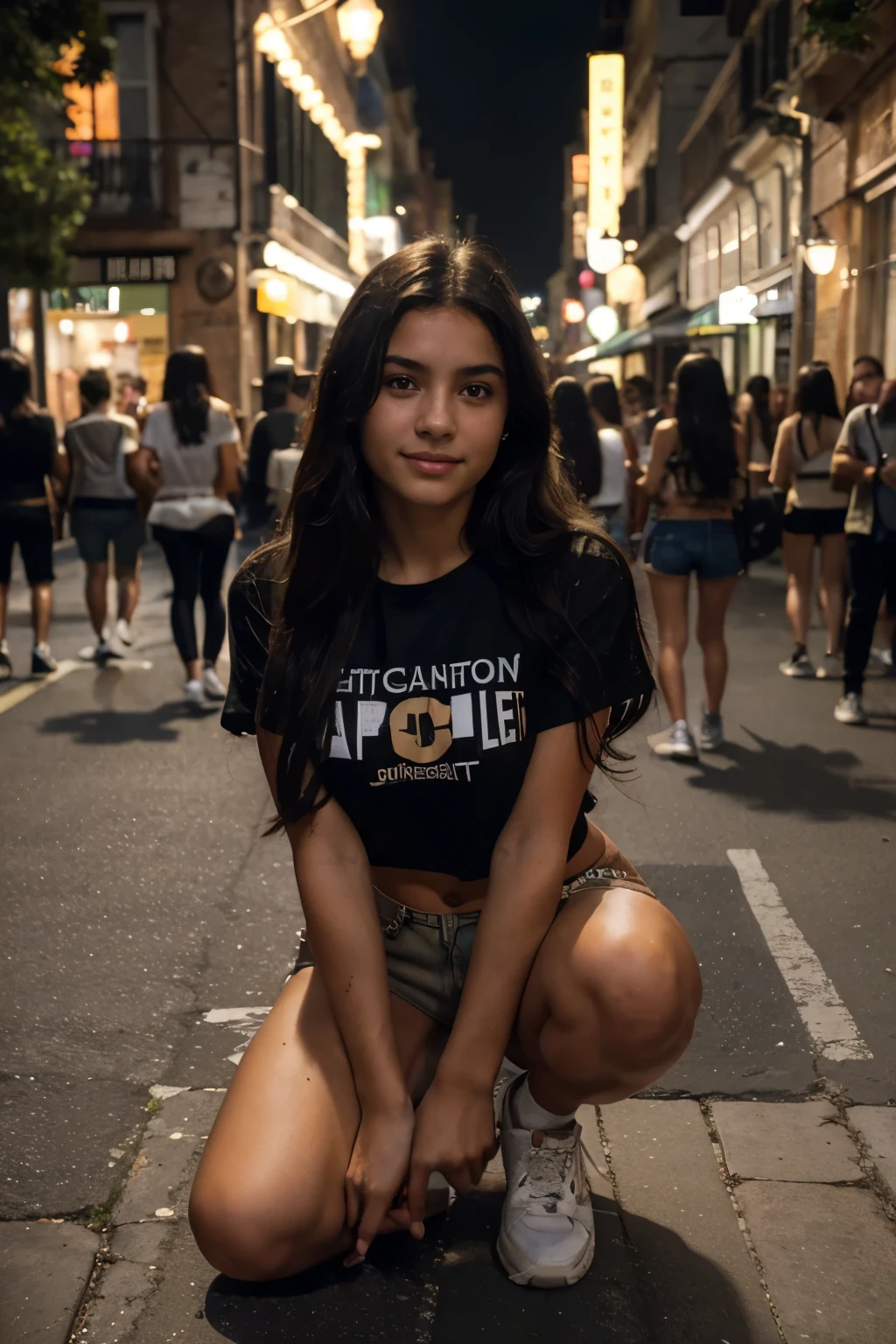 (Masterpiece) Best Quality, photorealistic, Cinematic lighting, crowded street, crowd of kids, young naked teen girls, group photo, 1 girl, olive skin tone, cute 18 yo, latina, colmbian girl,  olive skin, teen cute face, wistful smile, on her knees, realistic skin texture, skin pores, freckles, detailed face, dark eyes, black long hair, torn shorts, wearing a blur top, loose top let the viewer see part of her , sneakers, Evening, lantern light
